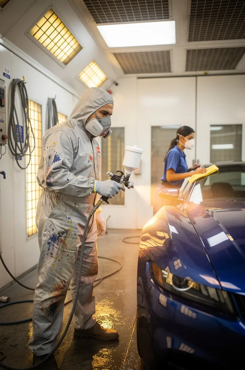 Expert technician performing dent removal on a car door with specialized tools in repair garage.